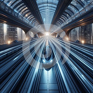 A D rendering of a high speed maglev train in a futuristic sett