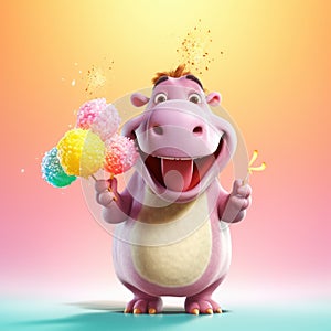 Super Cute Coypu Tale Hippopotamus Singing And Smiling With Corn In Hand On Colored Background photo