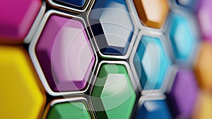 A 3D rendering of a honeycomb pattern with colorful hexagons.