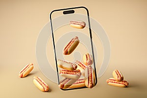 3d rendering of hot dogs grill with mustard on mobile display against beige surface