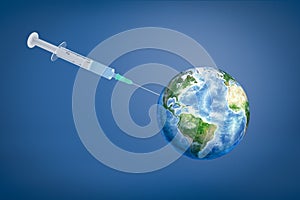 3d rendering of a huge syringe giving an injection to planet Earth on a blue background.