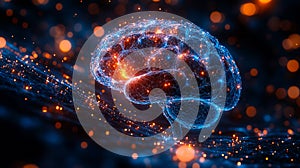 A 3D rendering of a human brain on a dark background