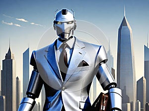 3d rendering of a humanoid robot in cityscape