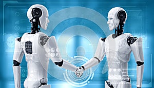 3D rendering humanoid robot handshake to collaborate future technology photo