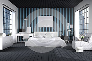 3D rendering : illustration of big spacious bedroom in blue and black color.big comfortable double bed in elegant modern bedroom