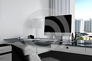 3D Rendering : illustration close up of Creative designer office desktop with blank computer,keyboard,camera,lamp and other items