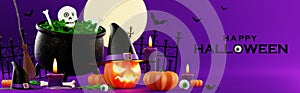 3d rendering illustration design for halloween banner with pumpkin,crucifix, skull, candle, candy, givebox ,grave on background