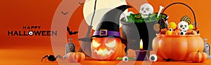 3d rendering illustration design for halloween banner with pumpkin,crucifix, skull, candle, candy, givebox ,grave on background