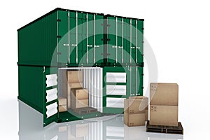 3D rendering : illustration of four container with one opened container and cardboard boxes inside the container.business export