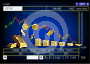 3d rendering illustration of gold bar and coins dollar with blurred financial chart background concept stock market finance