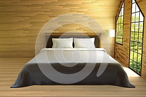 3D rendering : illustration of modern house interior.bed room part of house.Spacious bedroom in wooden style