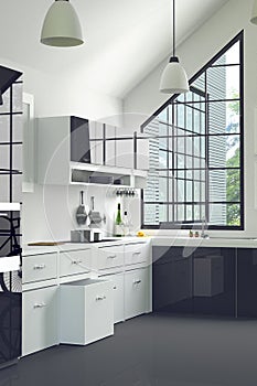 3D Rendering : illustration of modern interior kitchen room.kitchen part of house.black and white shelf.Mock up.shiny floor.