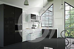 3D Rendering : illustration of modern interior kitchen room.kitchen part of house.black and white shelf.Mock up.shiny floor.