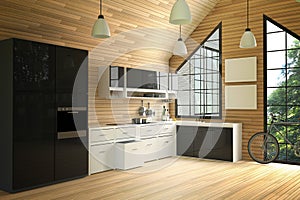 3D Rendering : illustration of modern loft interior kitchen room.kitchen part of house.black and white shelf.Mock up.wooden tile