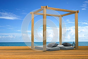 3D rendering : illustration of modern wooden beach lounge decoration at balcony outdoor wooden room style with Sundeck on Sea view