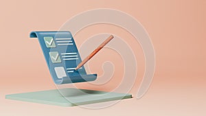 3D rendering illustration of a notepad and a pencil - a clipboard checklist concept