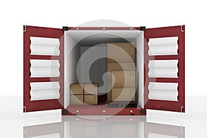 3D rendering : illustration of open red container with cardboard boxes inside the container.business export import concept
