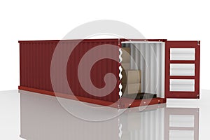 3D rendering : illustration of open red container with cardboard boxes inside the container.business export import concept