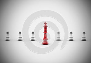 3D rendering illustration of red chess king figure among white pawns on a white background