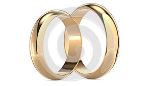 3D rendering illustration of Two golden wedding rings isolated on white. Wedding and marriage concept.