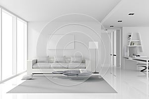 3D rendering : illustration of White interior design of living room with white modern style furniture.shiny white floor.