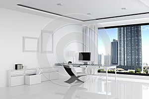 3D Rendering : illustration of white office of Creative designer desktop with blank computer,keyboard,camera,lamp and other items