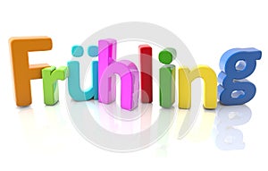 3D rendering illustration of the word Fruhling with colorful letters on a white background photo