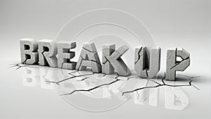 A 3D illustration render of the word text BREAKUP in stone, with cracks in the stone and the letters breaking apart