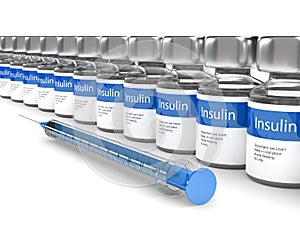 3d rendering of insulin vials and syringe isolated over white