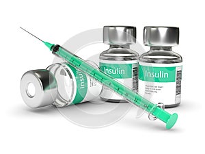 3d rendering of insulin vials and syringe isolated over white