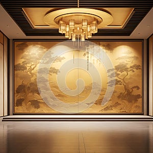 3d rendering interior design of modern luxury hotel lobby with gold wall decoration, 3D mockup, generative ai