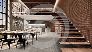 3d rendering. Interior house modern open living space with kitchen.Loft style Duplex apartment residence.Home decoration luxury  i