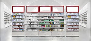 3D rendering interior of pharmacy store. Drugs, pills, Skincare and Cosmetic products on shelf photo