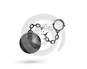 3d rendering of an isolated ball and chain broken in half with a detached shackle.