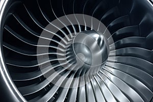 3D Rendering jet engine, close-up view jet engine blades. Blue tint.