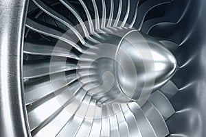 3D Rendering jet engine, close-up view jet engine blades. Blue tint.