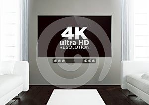 wooden living room with 4k at smart tv photo