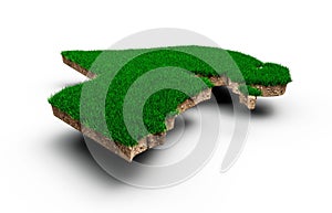 3D rendering of the Kuwait map soil land geology cross section with grass and rock ground texture