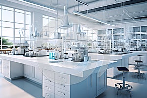 3d rendering laboratory glassware and test tubes in modern white lab