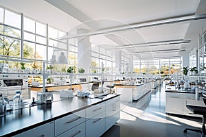 3d rendering laboratory glassware and test tubes in modern white lab