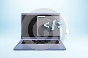 3D rendering of laptop with coding symbol on screen and digital interface, on light background representing technology and