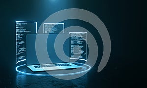 Laptop computer with glowing software source code led panel.
