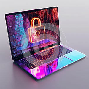 3d rendering of a laptop with a vibrant digital padlock, representing internet security