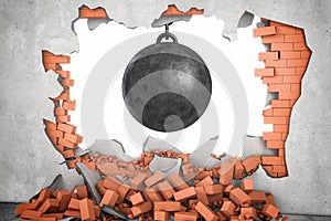 3d rendering of a large black wrecking ball hanging in a hole made in a brick wall with many bricks lying around.