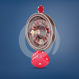 3d rendering of a large casino roulette balancing on a large red dice and holding a casino chip on the top.