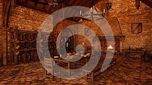 3d rendering of a large old medieval castle kitchen interior