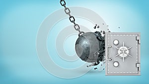 3d rendering of a large wrecking ball hitting a silver old-fashioned safe box and crashing itself in many pieces