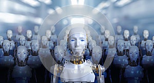 3d rendering of leader human robot portraits with robotics army, industrial group of cyborg machines on factory background.