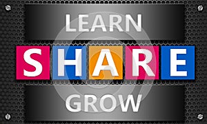 3d rendering of \'Learn, share and grow\' concept on mesh hexagon background