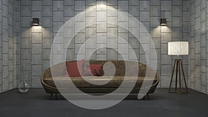 3d rendering leather sofa with red pillow in concrete texture room photo